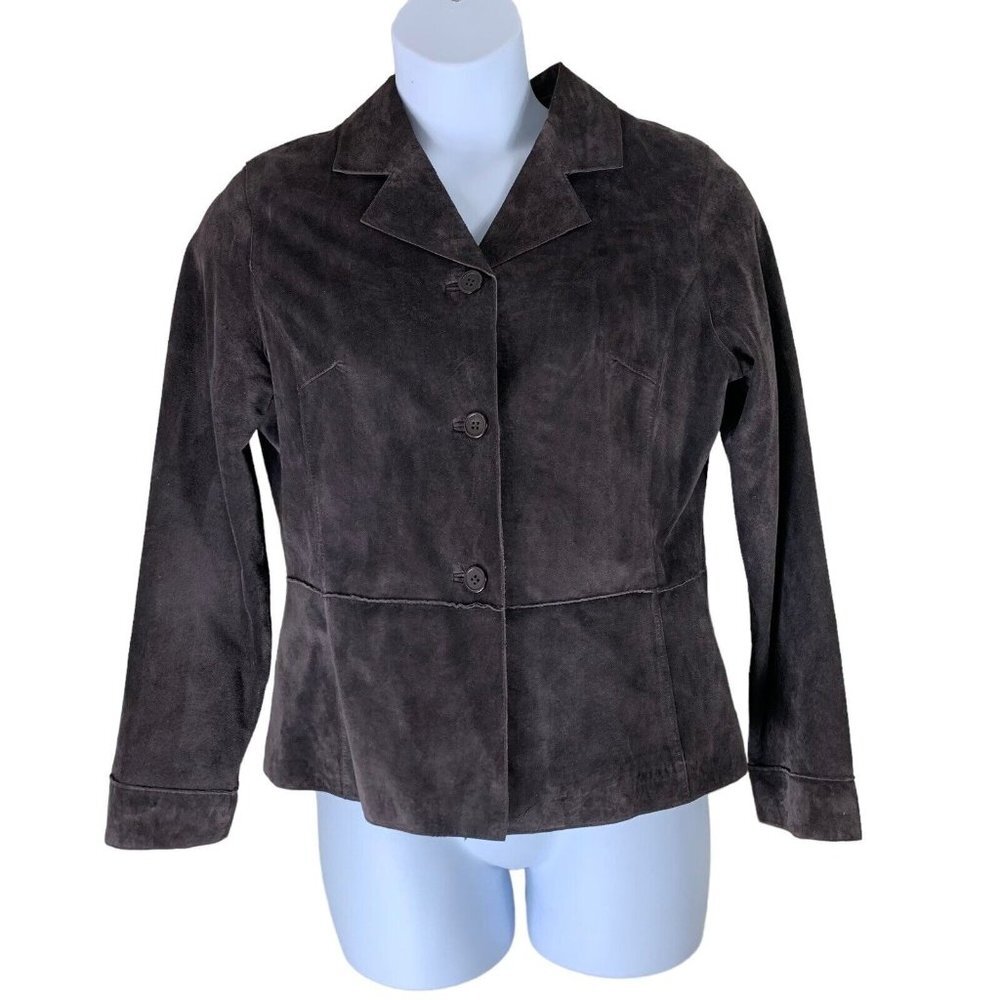 Brandon Thomas Suede Blazer Jacket Size Large Brown Button Front Womens